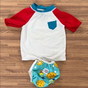 Red and White Swim Shirt with Blue Space Printed Adjustable Baby Swim Diaper